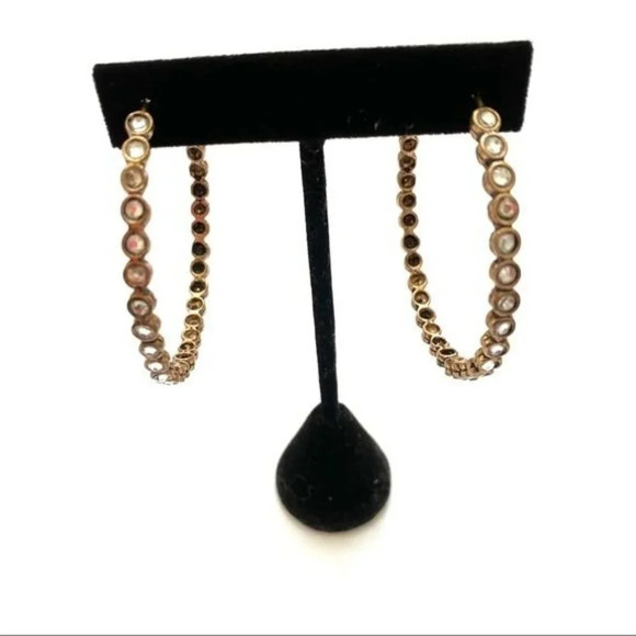 None Jewelry - Antiqued Brass Crystal Hoop Earrings